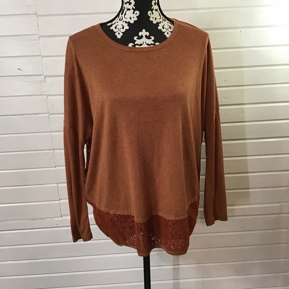 A'Reve Brick Brown Long Sleeve Top with Crochet Hem